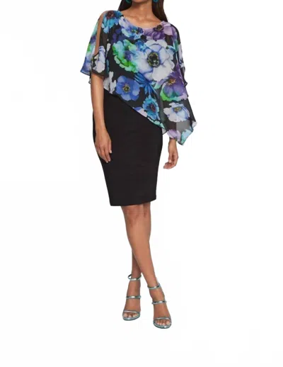 Joseph Ribkoff Floral Chiffon Overlay Slit Sleeve Sheath Dress In Black/multi