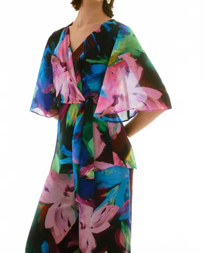 Joseph Ribkoff Floral Chiffon Peplum Top In Black/multi In Animal Print