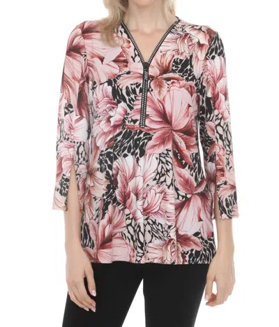 Joseph Ribkoff Floral Embellished Zip Front Tunic Top In Beige/multi