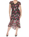 Joseph Ribkoff Floral Embroidered Mesh Midi Trumpet Dress In Black/multi In Multi