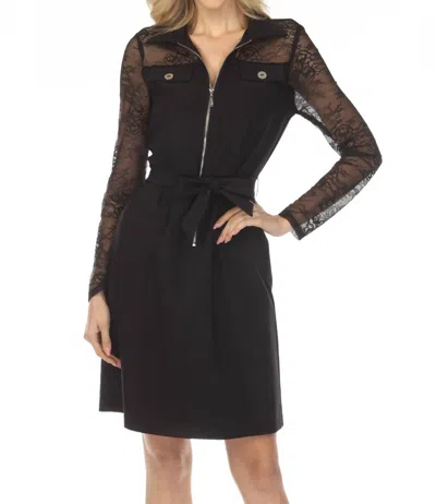 Joseph Ribkoff Floral Lace Sleeve Belted Shirt Mini Dress In Black