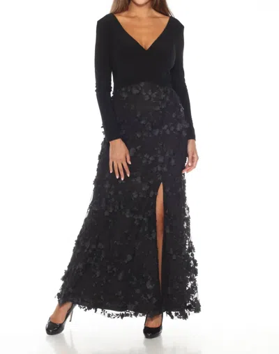 Joseph Ribkoff Floral Mesh Front Slit Evening Dress In Black