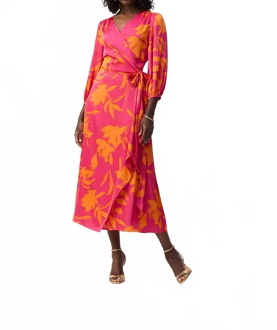 Joseph Ribkoff Floral Print Belted 3/4 Sleeves Wrap Dress In Pink/orange