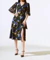 JOSEPH RIBKOFF FLORAL PRINT CHIFFON MIDI FIT & FLARE DRESS IN BLACK/MULTI