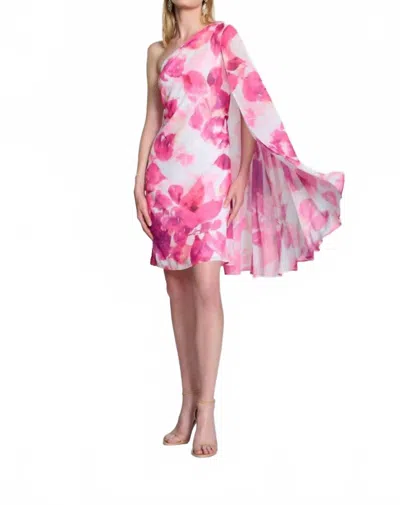 Joseph Ribkoff Floral Print One-shoulder Cape Sleeve Mini Dress In Vanilla/multi In Pink