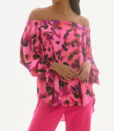 Joseph Ribkoff Floral Print Satin Off-shoulder Boxy Top In Black/multi