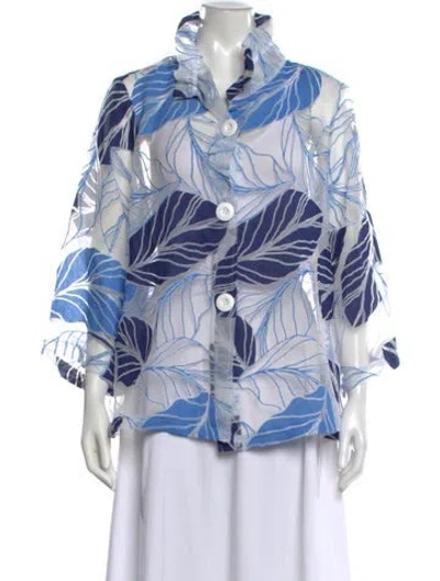 Pre-owned Joseph Ribkoff Floral Print Three-quarter Sleeve Blouse W/ Tags In Blue/white