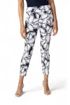 Joseph Ribkoff Leaf Print Millennium Pull-on Pants In Midnight Blue Vanilla In Blue