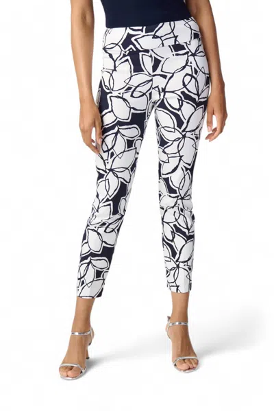 Joseph Ribkoff Leaf Print Millennium Pull-on Pants In Midnight Blue Vanilla In Multi