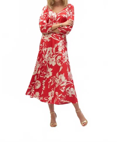 JOSEPH RIBKOFF FLORAL PRINT V-NECK PUFF SLEEVE TOP IN RED/CREAM