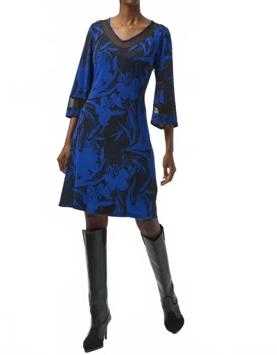 Joseph Ribkoff Floral Print V-neck 3/4 Sleeve A-line Dress In Black/royal Sapphire In Blue