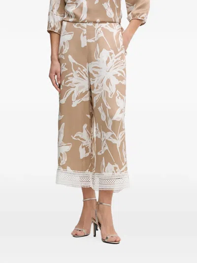 Joseph Ribkoff Floral-print Lace-trim Trousers In Neutral