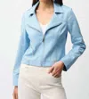Joseph Ribkoff Foiled Faux Suede Fitted Jacket With Decorative Buckles In Sky Blue In Blue