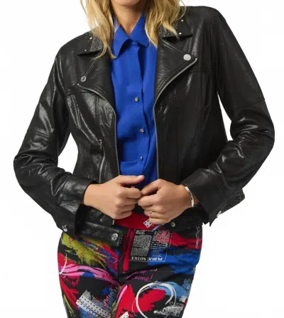 Joseph Ribkoff Foiled Faux Leather Moto Jacket In Black In Multi