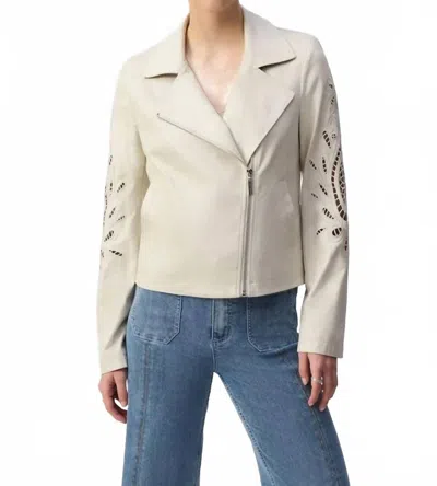 JOSEPH RIBKOFF FOILED FAUX SUEDE MOTO JACKET IN MOONSTONE (LIGHT BEIGE)