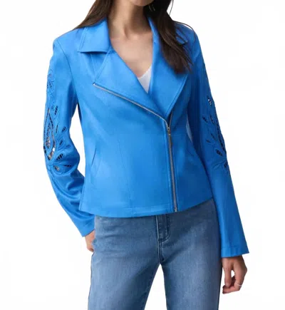 JOSEPH RIBKOFF FOILED FAUX SUEDE MOTO STYLE JACKET IN COASTAL BLUE