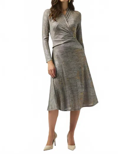 Joseph Ribkoff Foiled Faux Wrap Fit And Flare Dress In Beige/multi In White