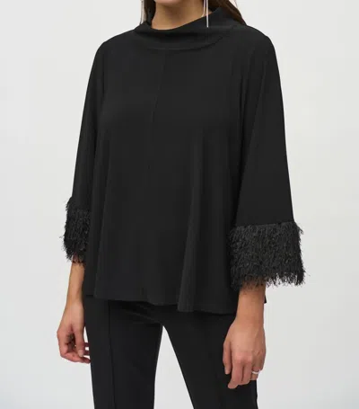 Joseph Ribkoff Fringe Cuffs Mock Neck Boxy Top In Black
