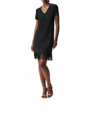 Joseph Ribkoff Fringe Hem V-neck Short Sleeve T-shirt Dress In Black