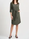 JOSEPH RIBKOFF GATHERED THREE-QUARTER LENGTH DRESS IN AVOCADO