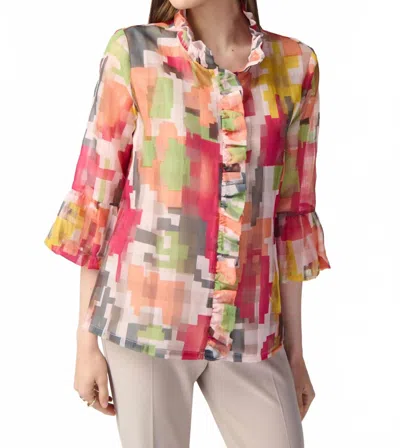 JOSEPH RIBKOFF GEO PRINT RUFFLED JACKET IN MULTI