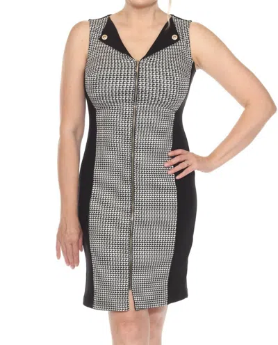 Joseph Ribkoff Geometric Blocked Zip Front Sheath Dress In White/black