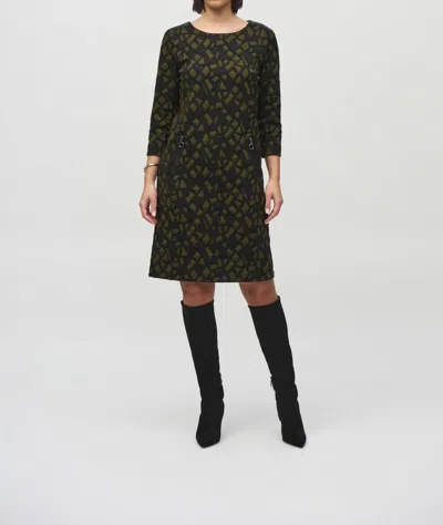 Joseph Ribkoff Geometric Jacquard Shift Dress In Olive/black In Multi