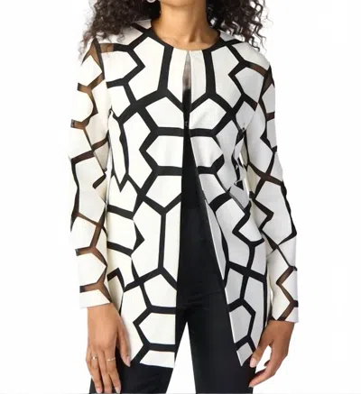 Joseph Ribkoff Geometric Pattern Hip Length Coat In Vanilla/black In Multi