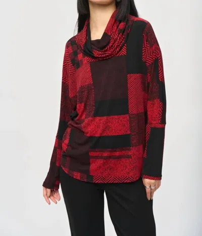 Joseph Ribkoff Geometric Print Cowl Neck Boxy Top In Black/red In Multi
