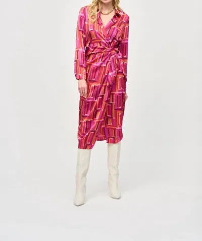 Joseph Ribkoff Geometric Print Satin Midi Wrap Dress In Pink/multi