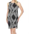 Joseph Ribkoff Geometric Print Shirred Sleeveless Sheath Dress In Black/vanilla In Black