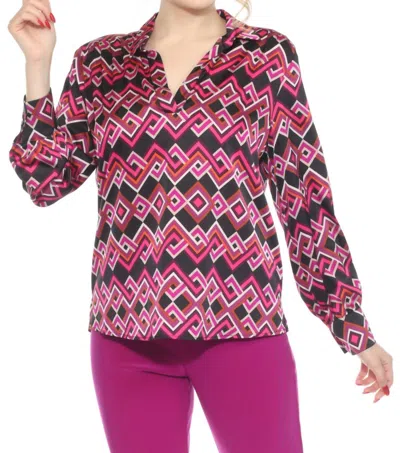 JOSEPH RIBKOFF GEOMETRIC PUFF SLEEVE SATIN BLOUSE IN BLACK/MULTI