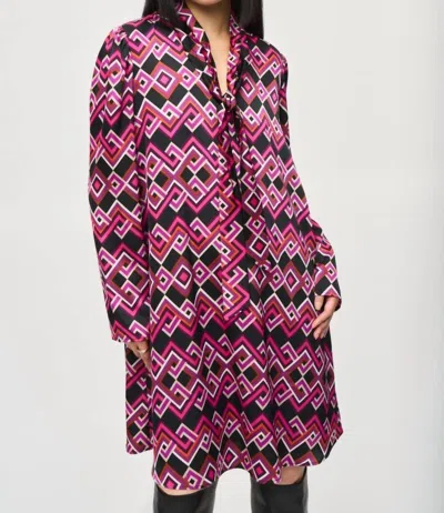 Joseph Ribkoff Geometric Pussy Bow Satin Shift Dress In Black/multi