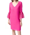 Joseph Ribkoff Georgette And Guipure Trapeze Dress In Ultra Pink In Orange