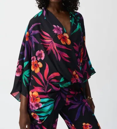Joseph Ribkoff Floral V-neck Wrap Pullover Top In Black In Multi