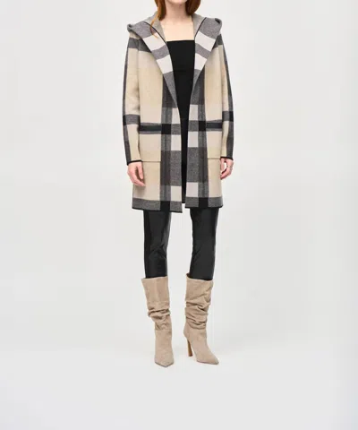 Joseph Ribkoff Hooded Tartan Cardigan In Black/oatmeal In Multi