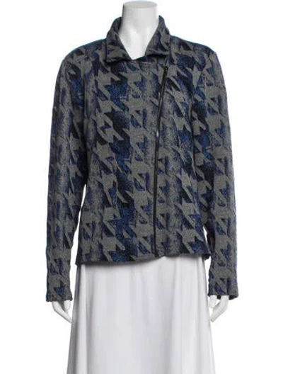 Pre-owned Joseph Ribkoff Houndstooth Print Biker Jacket In Gray