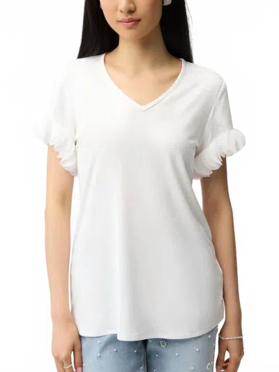 Joseph Ribkoff Jersey Fitted Top With Laser Cut Chiffon Sleeve In Vanilla In White