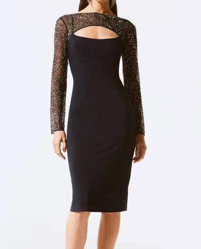 Joseph Ribkoff Keyhole Beaded Mesh Sheath Dress In Midnight Blue