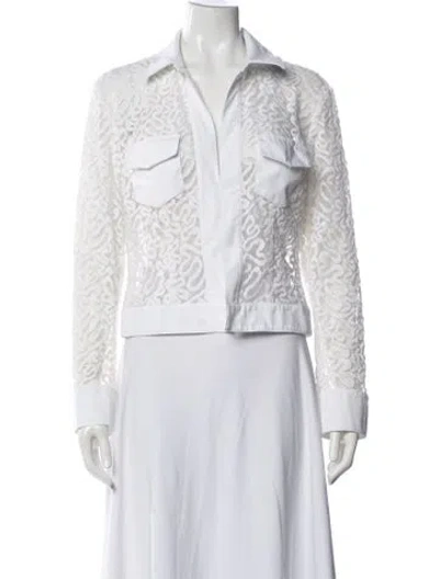 Pre-owned Joseph Ribkoff Lace Pattern Long Sleeve Button-up Top In White