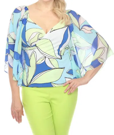 Joseph Ribkoff Leaf Print Chiffon Butterfly Sleeve Top In Vanilla/multi In Blue