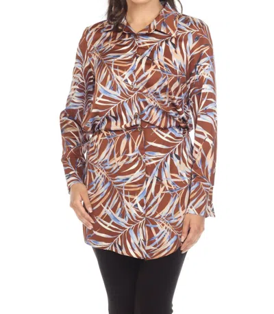 Joseph Ribkoff Leaf Print Elastic Waist Long Sleeve Button-down Blouse In Brown/multi