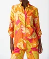 Joseph Ribkoff Linen Blend Floral Print Trapeze Blouse In Orange/pink/multi In Multi