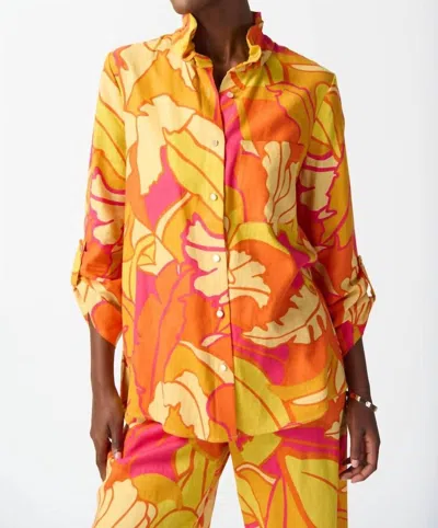 Joseph Ribkoff Linen Blend Floral Print Trapeze Blouse In Orange/pink/multi