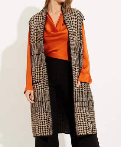 Joseph Ribkoff Long-length Houndstooth Vest In Camel/black In Multi