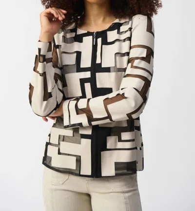 Joseph Ribkoff Mesh And Leatherette Fitted Jacket In Moonstone/black In White
