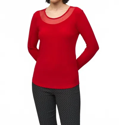 Joseph Ribkoff Mesh Round Neck Long Sleeve Fitted Top In Lipstick Red