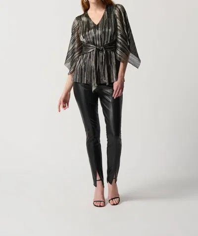 JOSEPH RIBKOFF METALLIC BELTED V-NECK TOP IN BLACK/GOLD