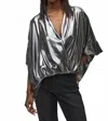 Joseph Ribkoff Metallic Foiled Chiffon Wrap Top In Pewter In Black