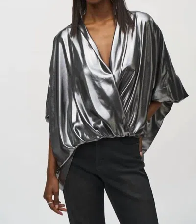 Joseph Ribkoff Metallic Wrap Top In Pewter In Silver